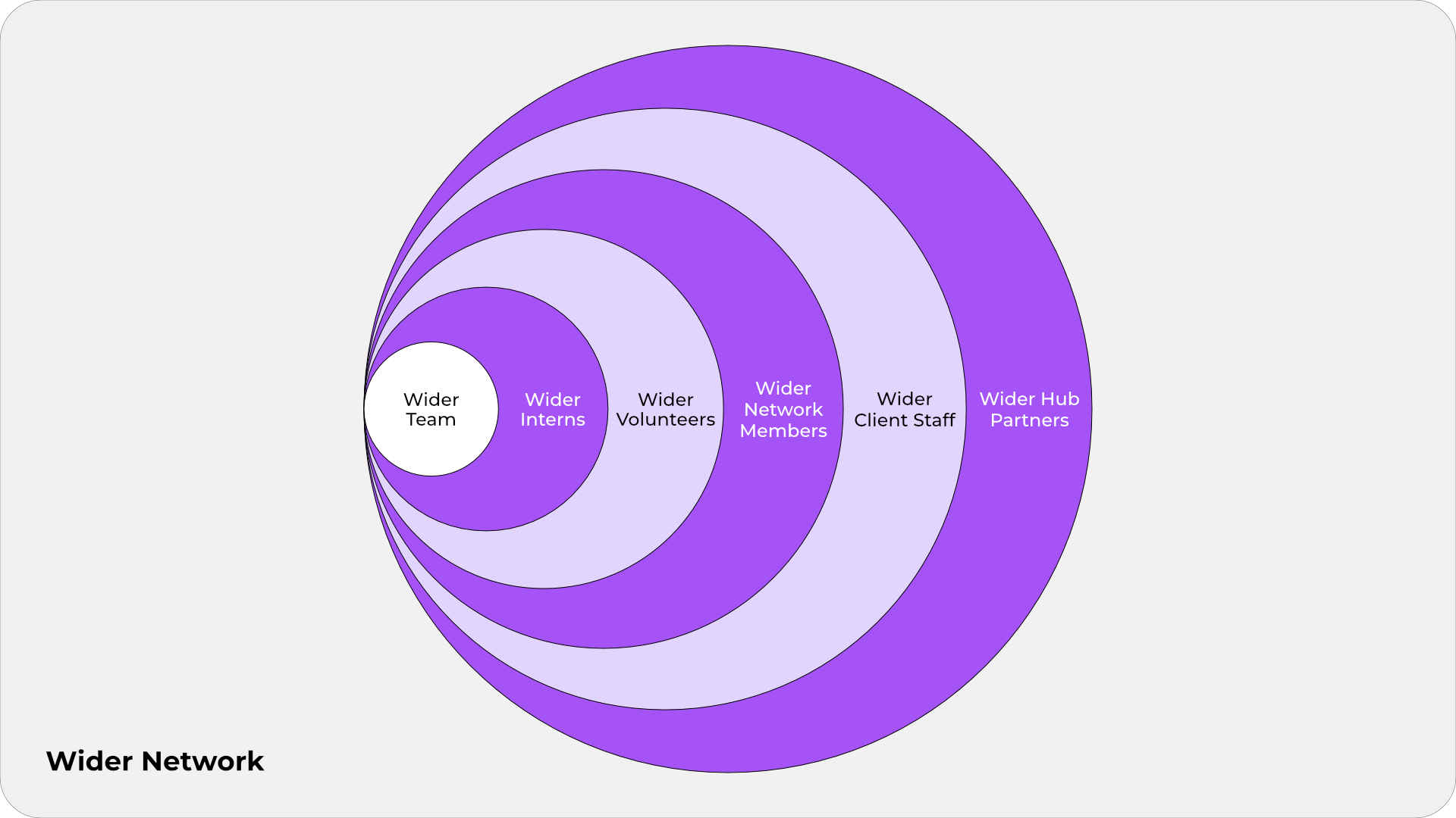 Concentric circles from the Wider Team at the core, through interns, volunteers, network members and client staff, out to hub partners.