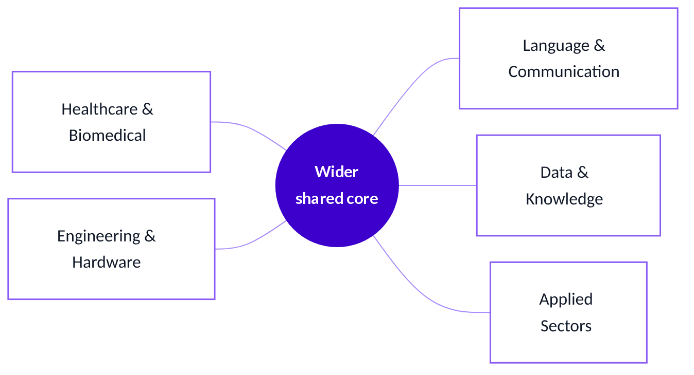 One shared core connected to five domains: healthcare and biomedical, engineering and hardware, language and communication, data and knowledge, and applied sectors.