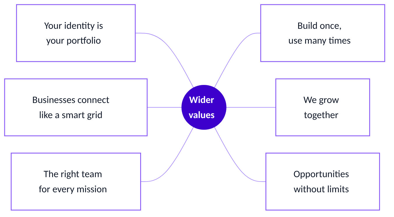The six pillars around Wider values.