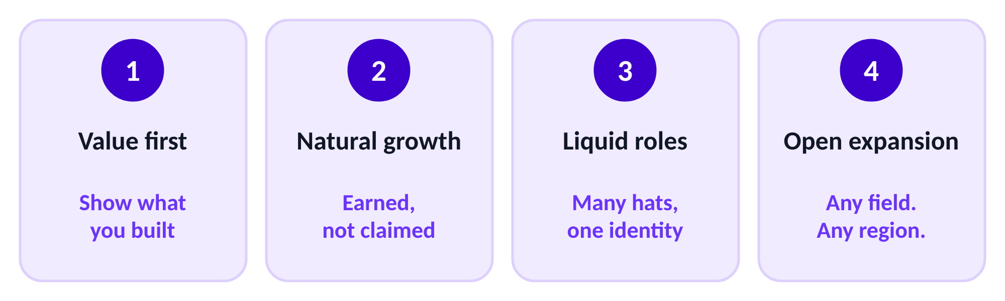 Four principles: value first, show what you built; natural growth, earned not claimed; liquid roles, many hats and one identity; open expansion, any field and any region.